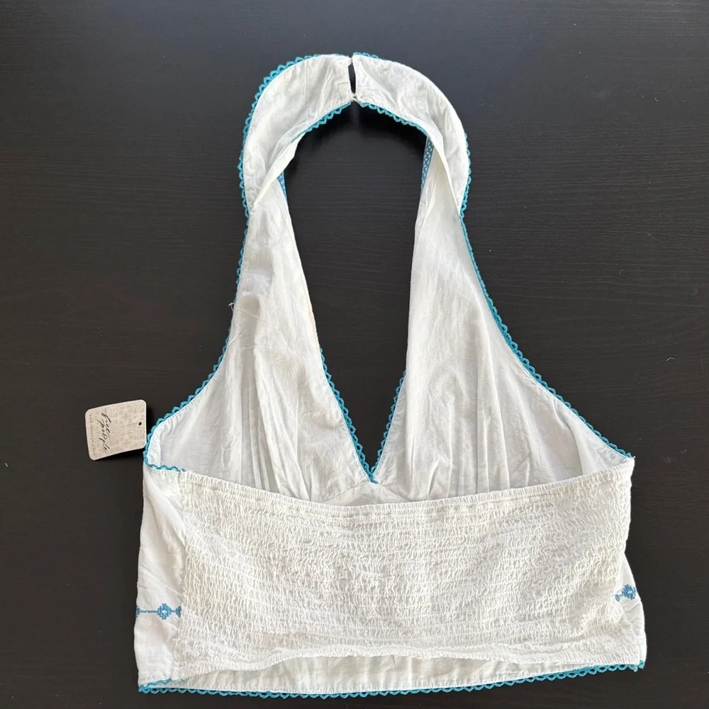 Free People Hello Lover Embroidery Halter White & Blue Cotton Top Size L -‎ NEW